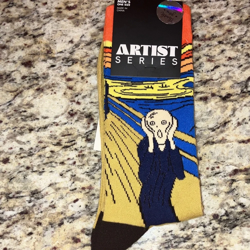 Artist Series The Scream Crew Socks Edvard Munch Men’s Black Yellow Blue New